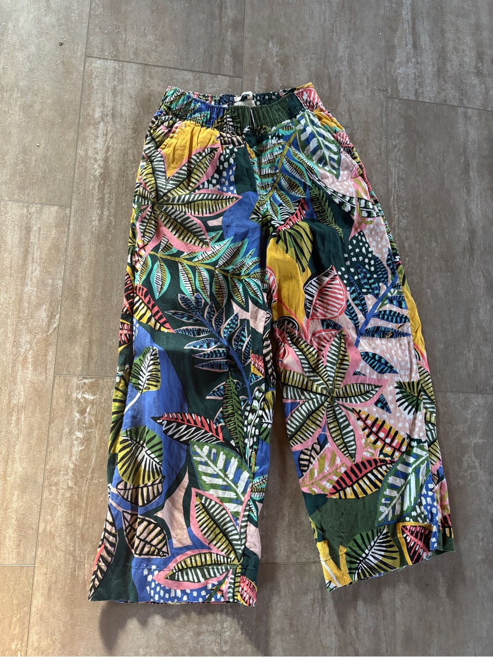Linen Tropical Leaf Print Wide-Leg Pants - Multicolor